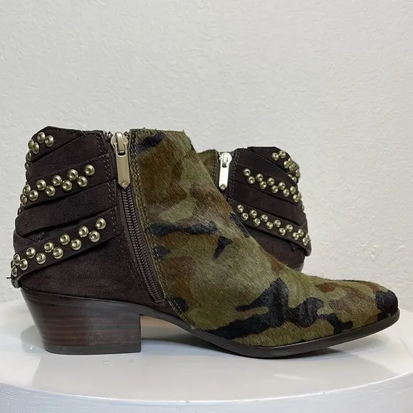 SAM EDELMAN PENROSE FAUX FUR CAMO LEATHER ANKLE BOOTS BOOTIES