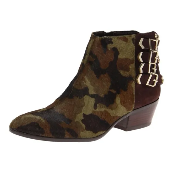 SAM EDELMAN PENROSE FAUX FUR CAMO LEATHER ANKLE BOOTS BOOTIES