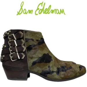 SAM EDELMAN PENROSE FAUX FUR CAMO LEATHER ANKLE BOOTS BOOTIES