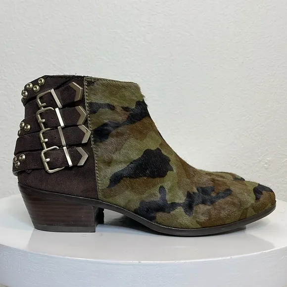 SAM EDELMAN PENROSE FAUX FUR CAMO LEATHER ANKLE BOOTS BOOTIES