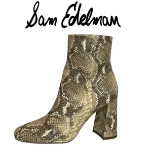 SAM EDELMAN WOMENS CODIE SQUARE TOE SNAKESKIN BLOCK HEELED ANKLE BOOTS