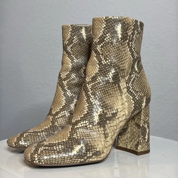 SAM EDELMAN WOMENS CODIE SQUARE TOE SNAKESKIN BLOCK HEELED ANKLE BOOTS