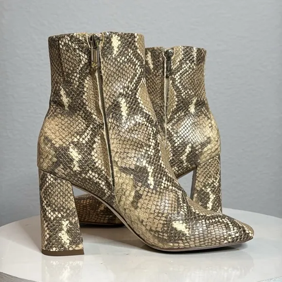 SAM EDELMAN WOMENS CODIE SQUARE TOE SNAKESKIN BLOCK HEELED ANKLE BOOTS