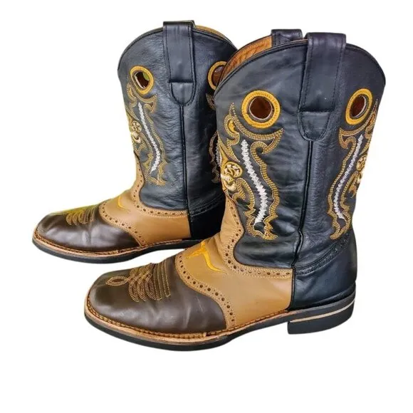 San Fernando Western Cowboy Boots Brown Black Tan Leather Rodeo Boots