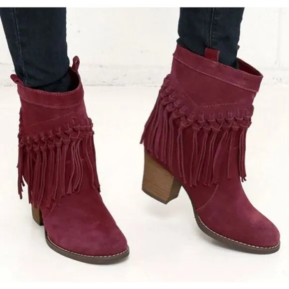 SBICCA Sound Wine Red Suede Leather Fringe Boots, Size 8.5 Boho Vibes