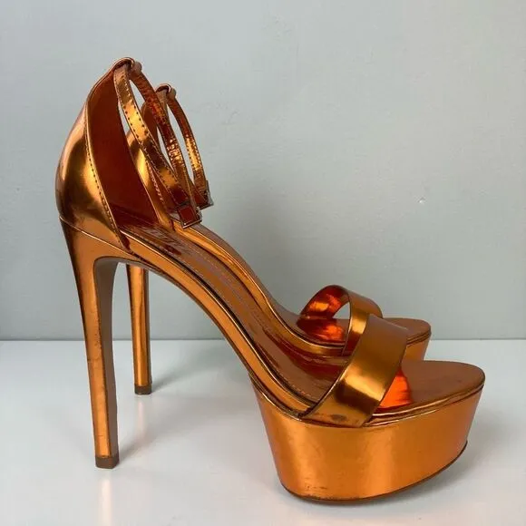 SCHUTZ Cadey Lee Platform Sandals Gold Metallic Orange Stiletto Heels Pumps 8.5