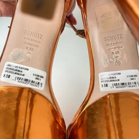 SCHUTZ Cadey Lee Platform Sandals Gold Metallic Orange Stiletto Heels Pumps 8.5