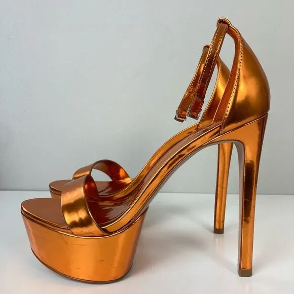 SCHUTZ Cadey Lee Platform Sandals Gold Metallic Orange Stiletto Heels Pumps 8.5