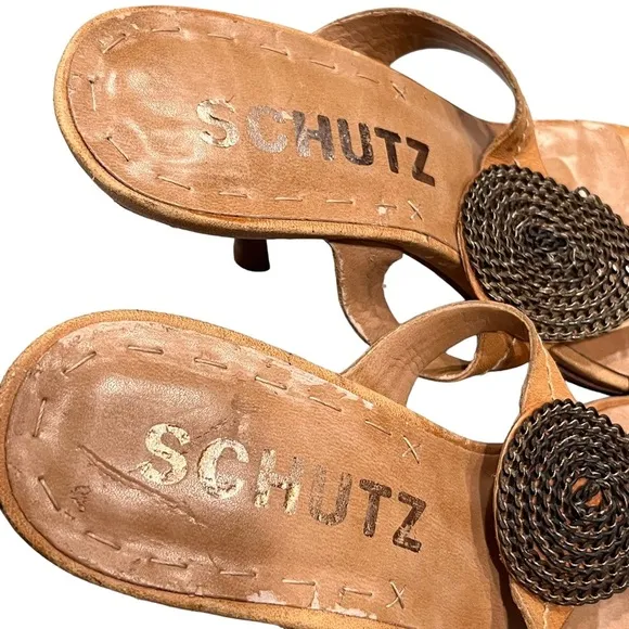 Schutz Natalie Brown Leather Medallion Sandals Heels