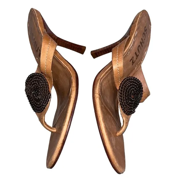 Schutz Natalie Brown Leather Medallion Sandals Heels