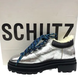 SCHUTZ Women's Lug Sole Metallic Silver Lucille Lace Up Platform Sneaker Boots