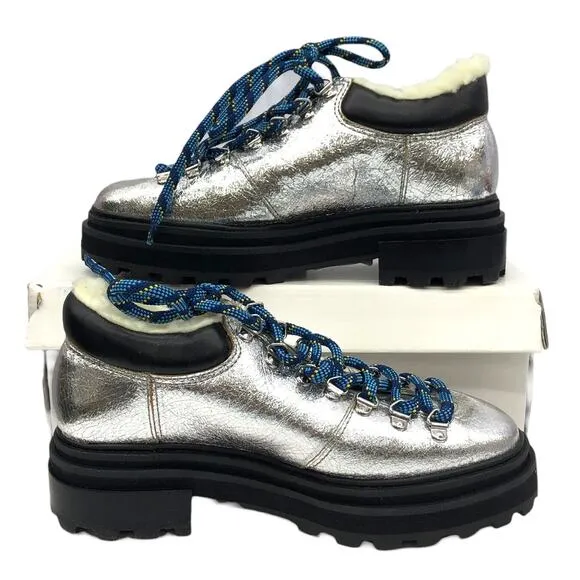 SCHUTZ Women's Lug Sole Metallic Silver Lucille Lace Up Platform Sneaker Boots