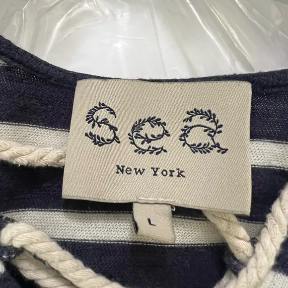 Sea New York Navy &amp; White Striped Dress with Crochet Lace &amp; Rope-Tie Neck Large