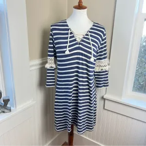 Sea New York Navy &amp; White Striped Dress with Crochet Lace &amp; Rope-Tie Neck Large