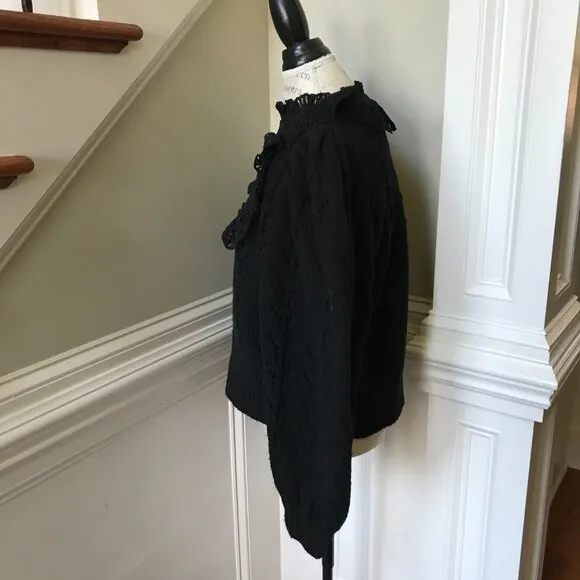 Sea NY Patrizia Sweater Womens XL Black Long Sleeve Wool Cotton Lace Ruffle Knit