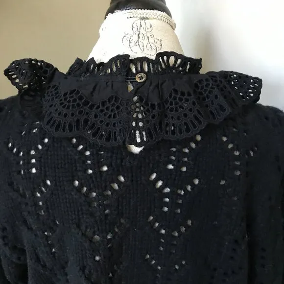 Sea NY Patrizia Sweater Womens XL Black Long Sleeve Wool Cotton Lace Ruffle Knit