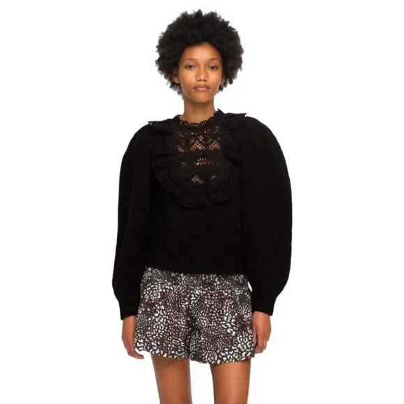 Sea NY Patrizia Sweater Womens XL Black Long Sleeve Wool Cotton Lace Ruffle Knit