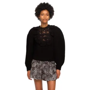 Sea NY Patrizia Sweater Womens XL Black Long Sleeve Wool Cotton Lace Ruffle Knit