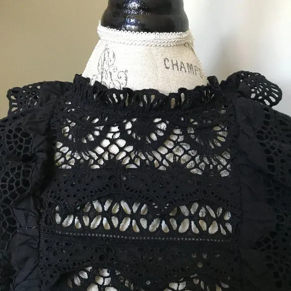 Sea NY Patrizia Sweater Womens XL Black Long Sleeve Wool Cotton Lace Ruffle Knit