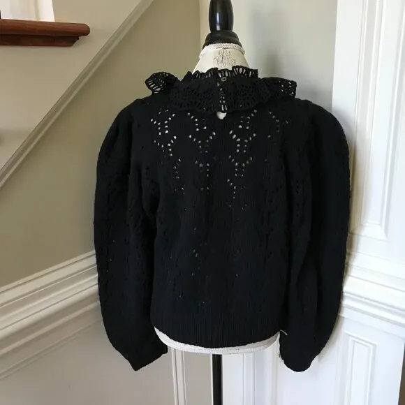 Sea NY Patrizia Sweater Womens XL Black Long Sleeve Wool Cotton Lace Ruffle Knit
