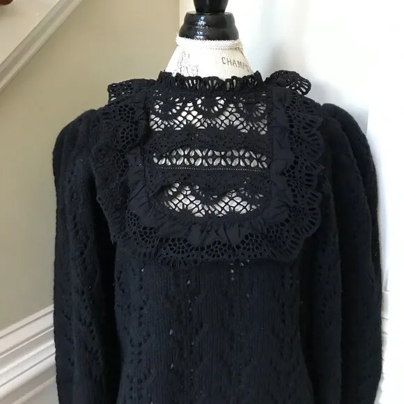 Sea NY Patrizia Sweater Womens XL Black Long Sleeve Wool Cotton Lace Ruffle Knit