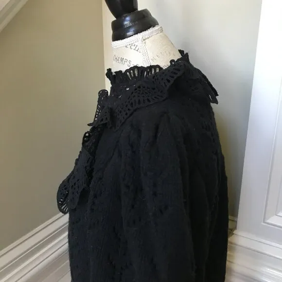 Sea NY Patrizia Sweater Womens XL Black Long Sleeve Wool Cotton Lace Ruffle Knit