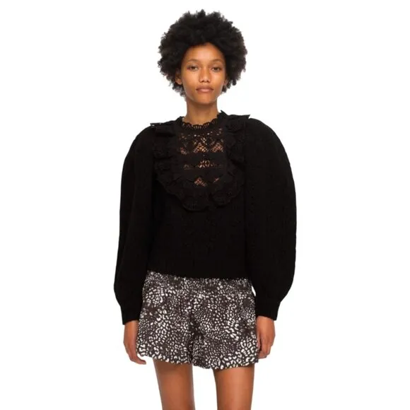 Sea NY Patrizia Sweater Womens XL Black Long Sleeve Wool Cotton Lace Ruffle Knit