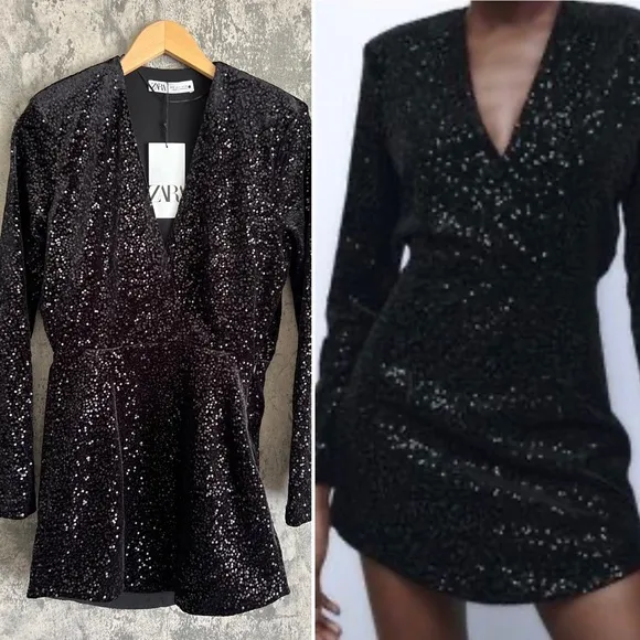 Sequined black dress sparkling shining stunning long sleeve mini dress sexy