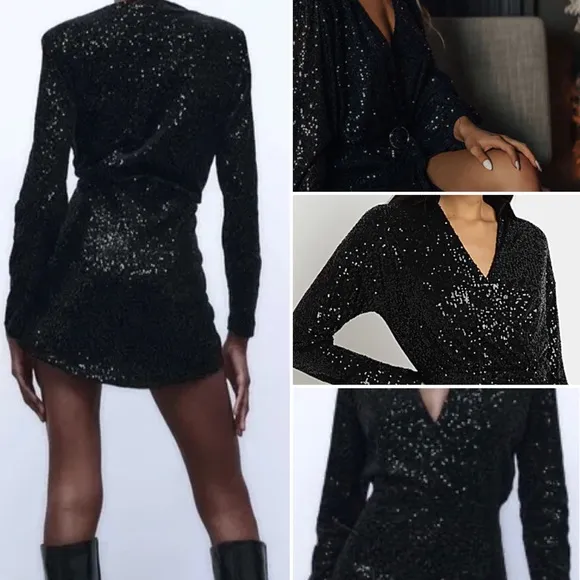 Sequined black dress sparkling shining stunning long sleeve mini dress sexy