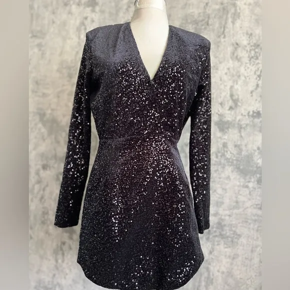Sequined black dress sparkling shining stunning long sleeve mini dress sexy