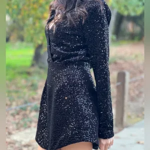 Sequined black dress sparkling shining stunning long sleeve mini dress sexy