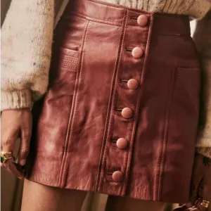 Sezane Allison Brown Leather Button Front Mini Skirt with pockets size 36