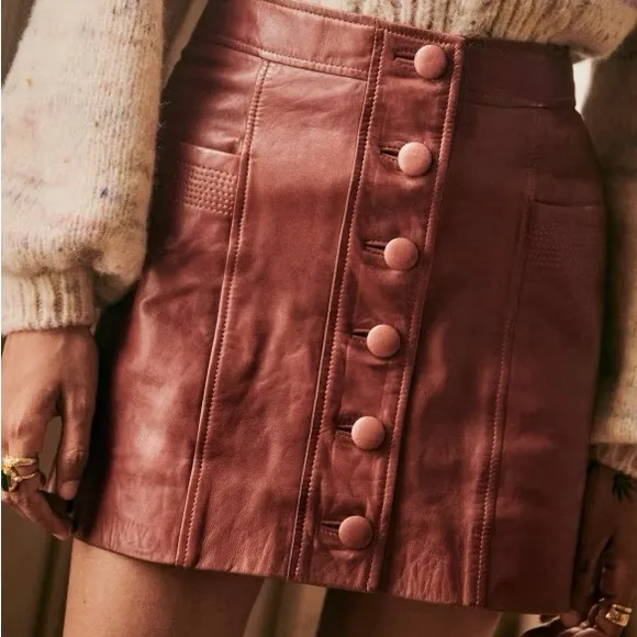 Sezane Allison Brown Leather Button Front Mini Skirt with pockets size 36