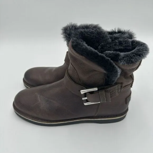 Shabbies Amsterdam Women’s Brown Leather Ankle Boots Faux Fur Lined Size 39