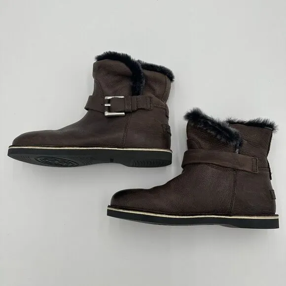 Shabbies Amsterdam Women’s Brown Leather Ankle Boots Faux Fur Lined Size 39