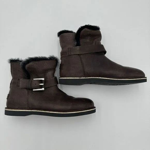 Shabbies Amsterdam Women’s Brown Leather Ankle Boots Faux Fur Lined Size 39
