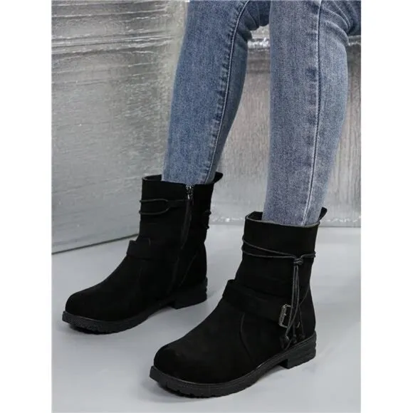 Side Zipper Buckle Strap Short Boots, Black