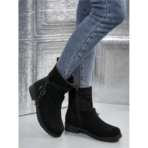 Side Zipper Buckle Strap Short Boots, Black