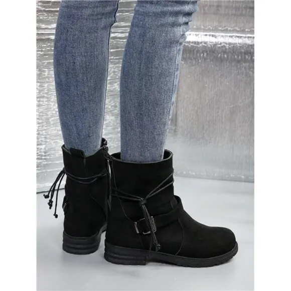 Side Zipper Buckle Strap Short Boots, Black
