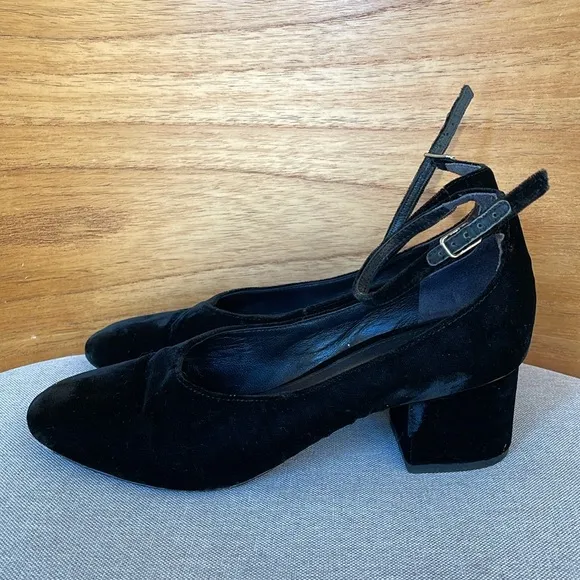 Sigerson Morrison Black Velvet Ankle Strap Block Heels