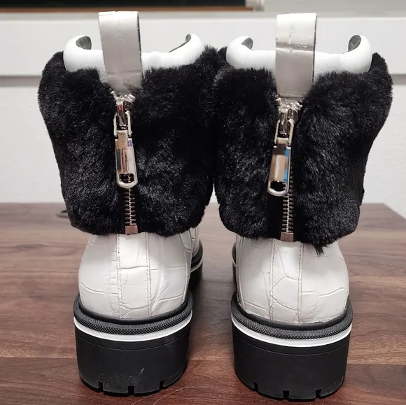 Sigerson Morrison Macre2 White Black Leather Faux Fur Lace Up Boots