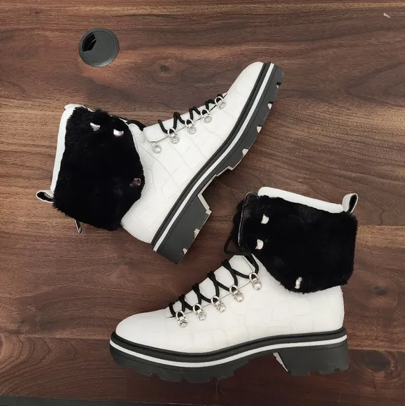 Sigerson Morrison Macre2 White Black Leather Faux Fur Lace Up Boots