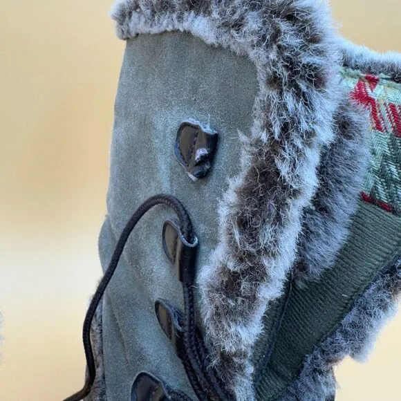 Skechers Boots Women 8 Frolic Suede Leather Plaid Faux Fur Winter Lace Hike Outd