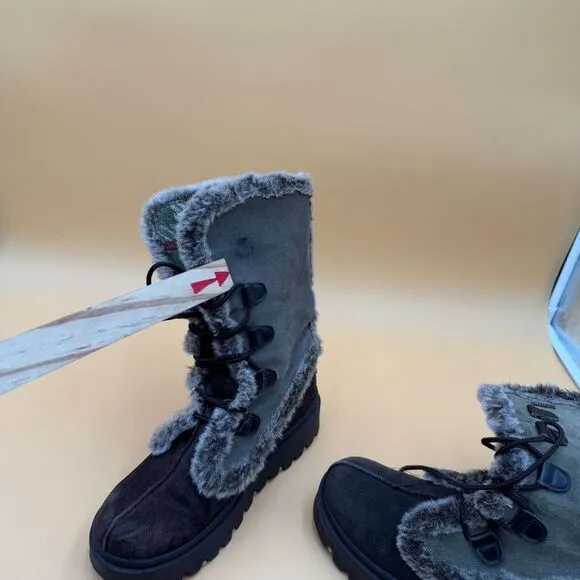 Skechers Boots Women 8 Frolic Suede Leather Plaid Faux Fur Winter Lace Hike Outd