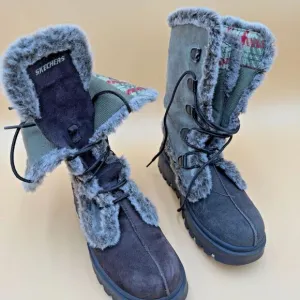 Skechers Boots Women 8 Frolic Suede Leather Plaid Faux Fur Winter Lace Hike Outd