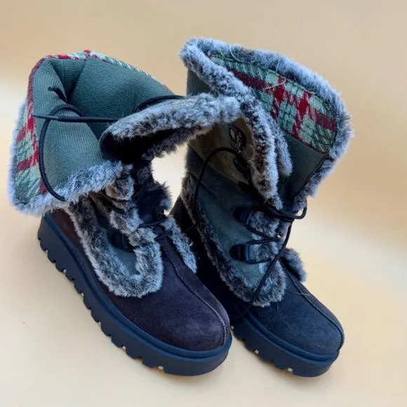 Skechers Boots Women 8 Frolic Suede Leather Plaid Faux Fur Winter Lace Hike Outd