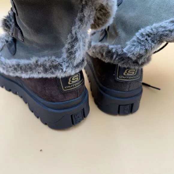 Skechers Boots Women 8 Frolic Suede Leather Plaid Faux Fur Winter Lace Hike Outd