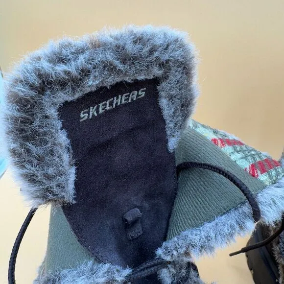 Skechers Boots Women 8 Frolic Suede Leather Plaid Faux Fur Winter Lace Hike Outd