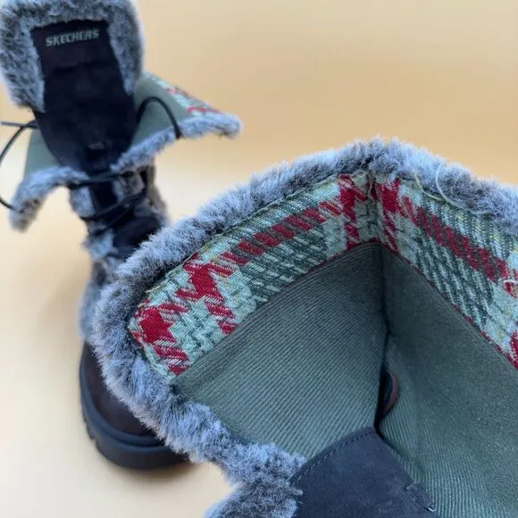 Skechers Boots Women 8 Frolic Suede Leather Plaid Faux Fur Winter Lace Hike Outd