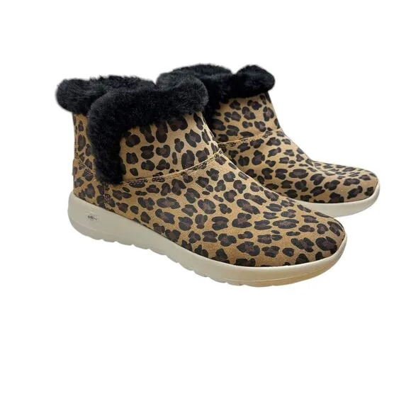 Skechers On-The-Go Joy Ankle Boots Suede Snow Kitty Leopard Walking Cozy EUC 9